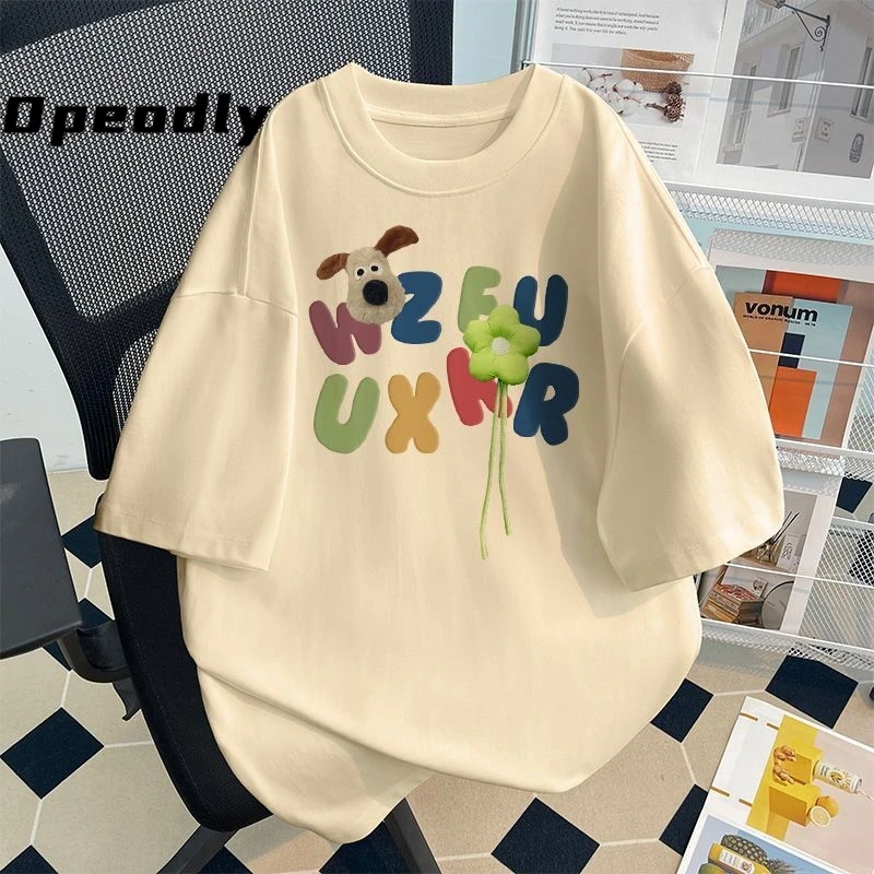 Opeodly米黄色纯棉圆领短袖慵懒设计字母印花inst恤女夏宽松上衣