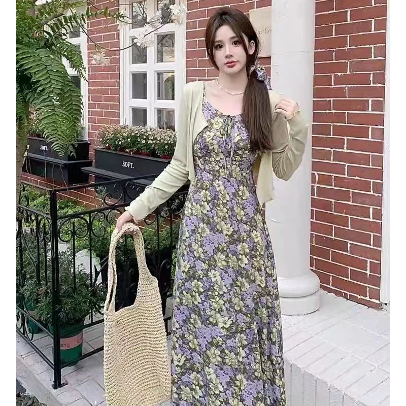 （现货）紫色碎花吊带裙开衫微胖mm气质显瘦温柔茶歇连衣裙1781