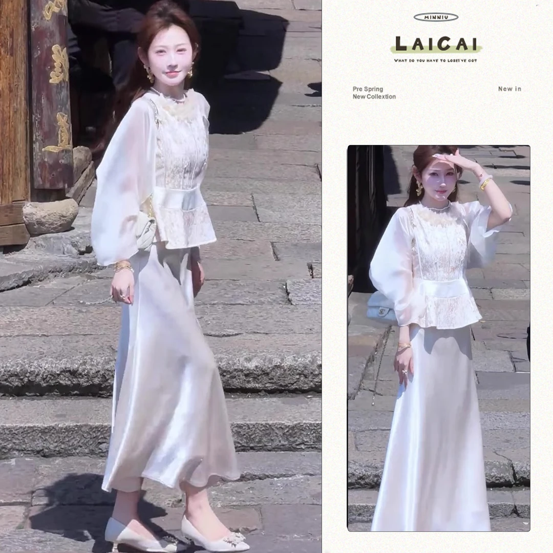 新中式套装女2025夏季名媛防晒披肩设计感遮肚子上衣气质高腰长裙