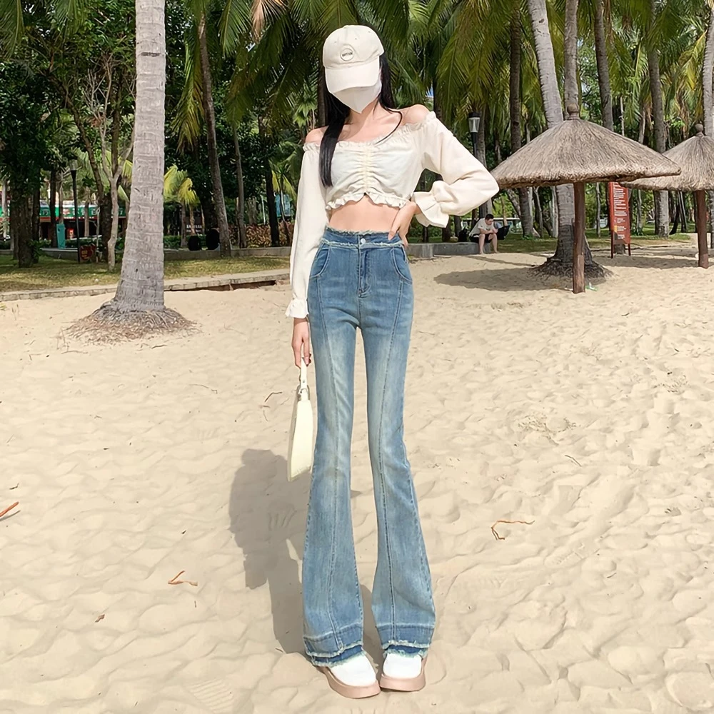 【六七清货专属】毛边大码微喇牛仔裤女高腰显瘦梨型身材裤子微喇叭