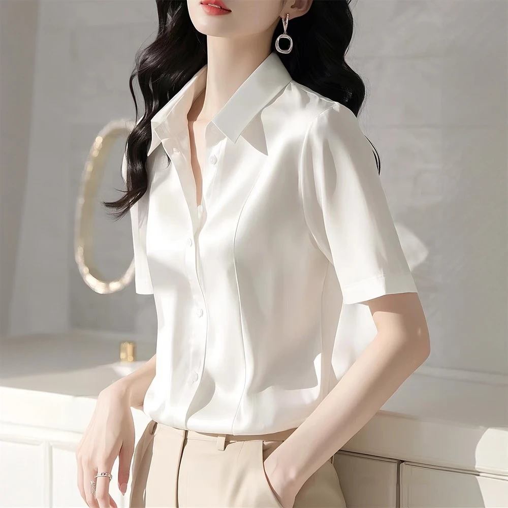 缎面白衬衫女夏季2025新款短袖时尚休闲百搭通勤衬衣气质薄款上衣