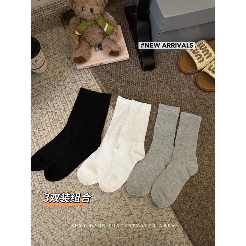 纯色休闲百搭袜子中筒袜冬季堆堆袜长袜女袜三双装透气保暖棉质袜