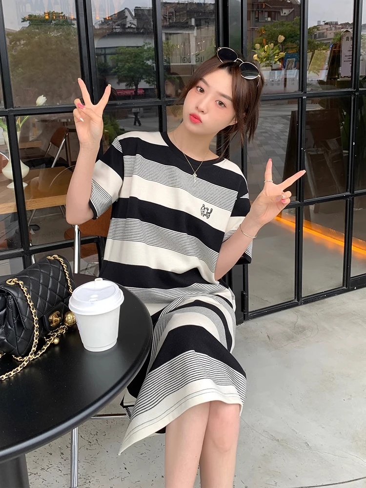 长款过膝短袖连衣裙女大码韩版宽松2024夏条纹t恤裙懒人大码裙子