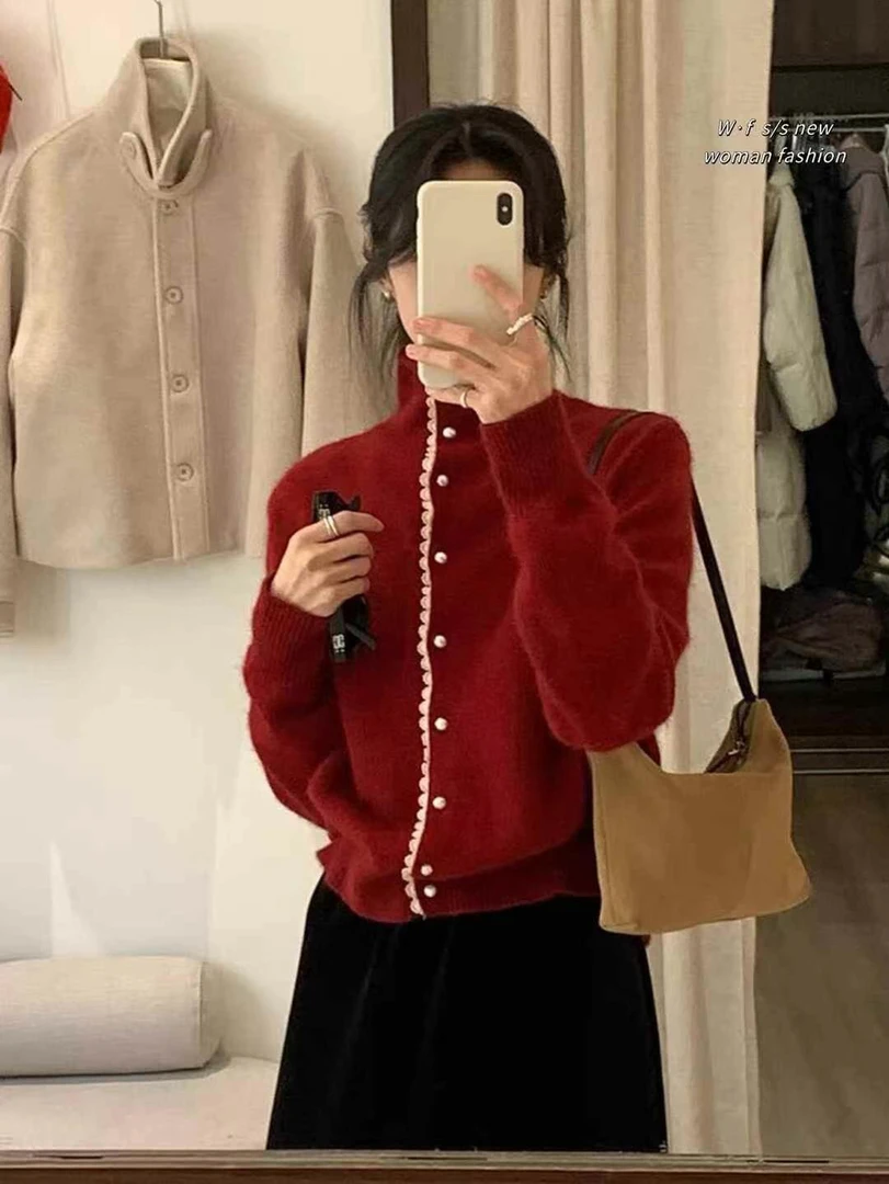 2024冬立领浣熊绒毛衣拼蕾丝针织衫开衫