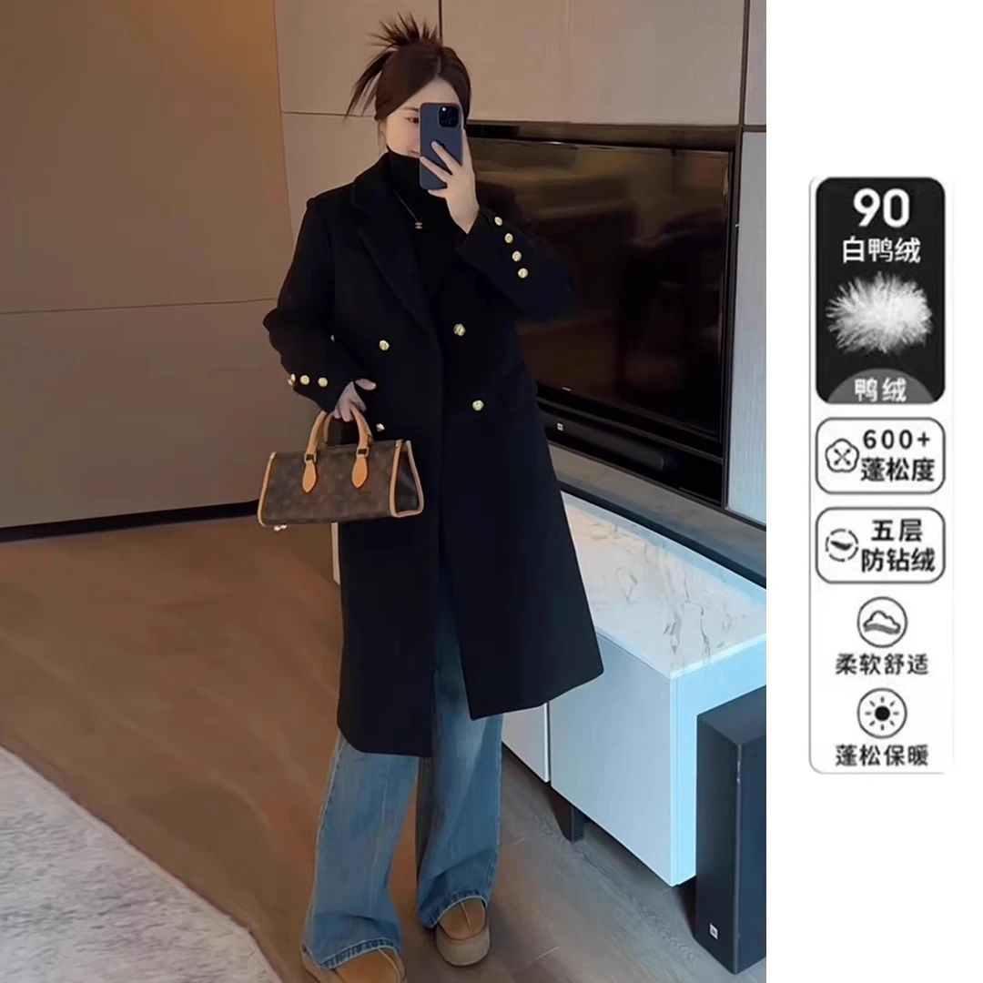 2024冬季新款中长款白鸭90绒毛呢西装外套女保暖加厚西服呢子大衣