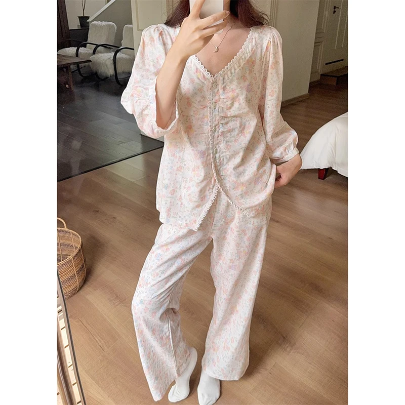 睡衣女夏季七分袖长裤纯棉新款女士宽松大码春秋季夏天薄款家居服