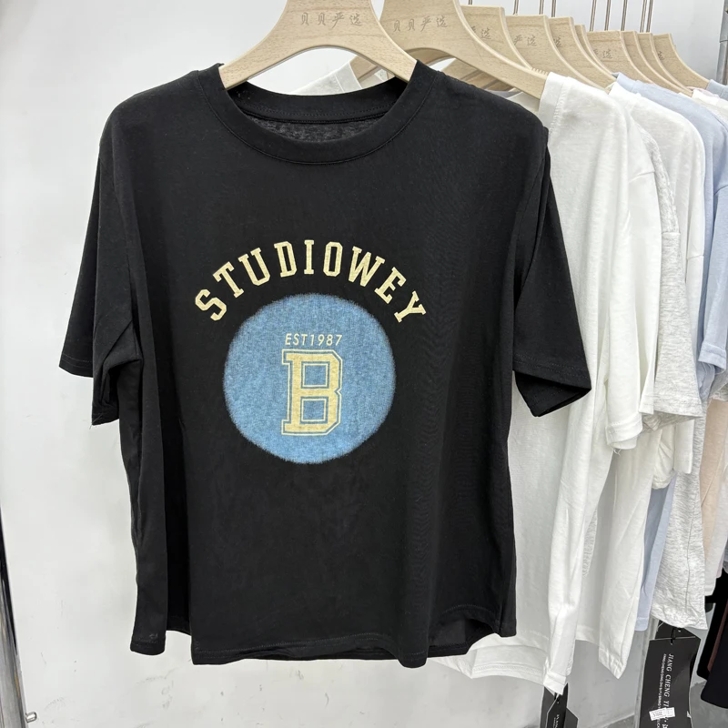 设计感雪花棉短袖T恤女2025夏新款韩系简约百搭休闲上衣T恤 58001