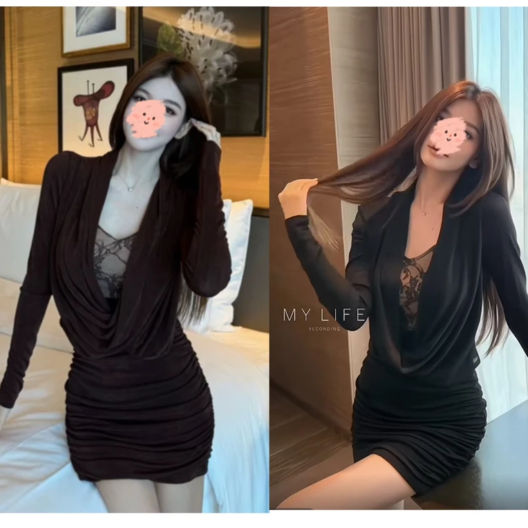 秋冬新款辣妹假两件荡领蕾丝V领收腰捏褶修身包臀气质连衣裙女