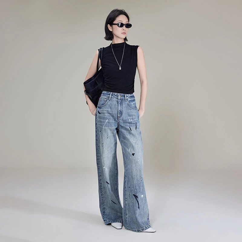 美洋MEIYANG 泼墨牛仔裤【商场同款】涂鸦风复古洗水高腰阔腿裤