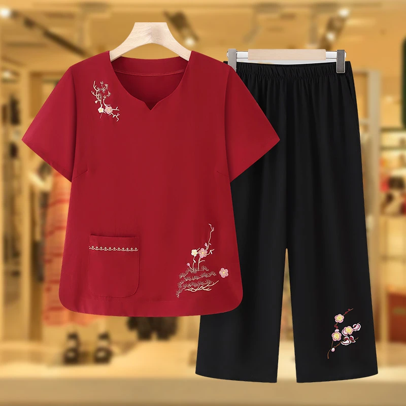 奶奶装夏季短袖套装中老年人女装衬衫两件套老年人夏装女衣服裤子