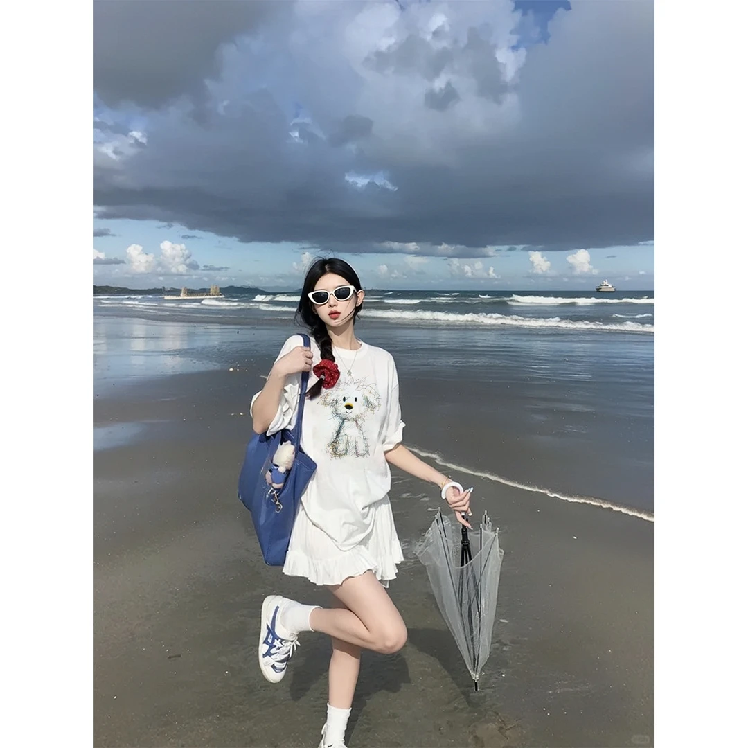 夏季新款学生圆领短袖t恤女卡通风印花休闲百搭遮肉显瘦上衣服