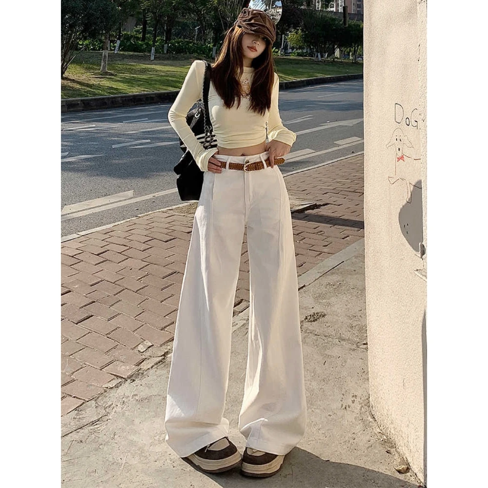 大码美式白色弯刀阔腿牛仔裤女夏季解构设计感小众垂感高腰直筒裤