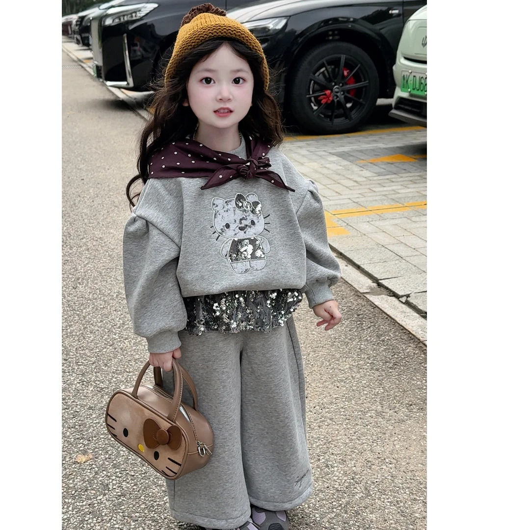 童装2025秋冬新款女童小童韩版KT猫加绒卫衣亮片裙摆卫裤套装