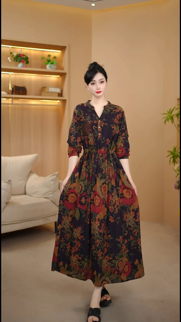 2025春季V领显瘦蕾丝口袋衬衫减领长裙大摆裙棉麻风文艺收腰长裙