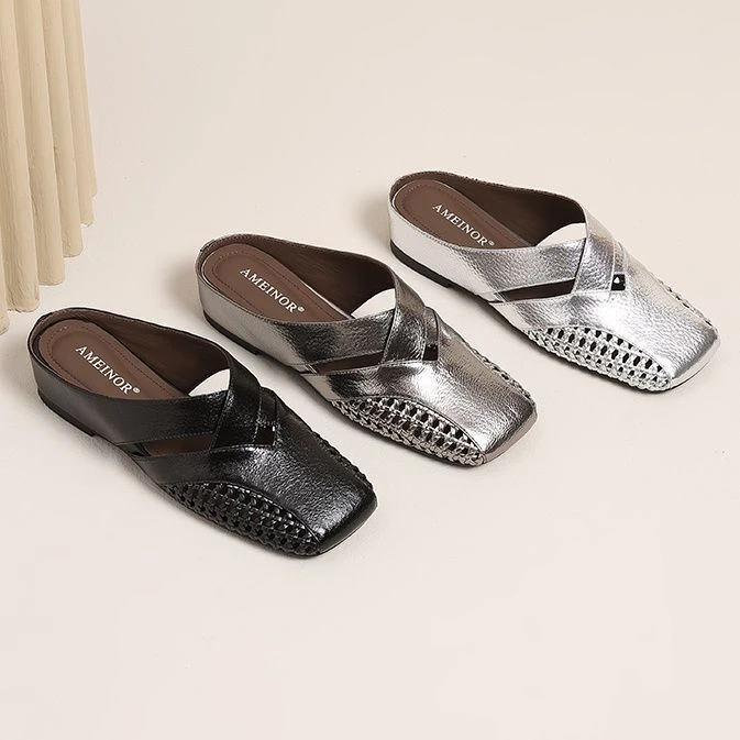 正品真软皮夏季新款交叉编织镂空包头拖鞋方头半拖外穿懒人凉拖女