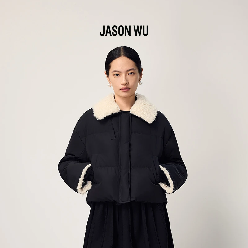 JASON WU2025秋冬新款时尚设计感拼接羊卷毛翻领短款羽绒服上衣女