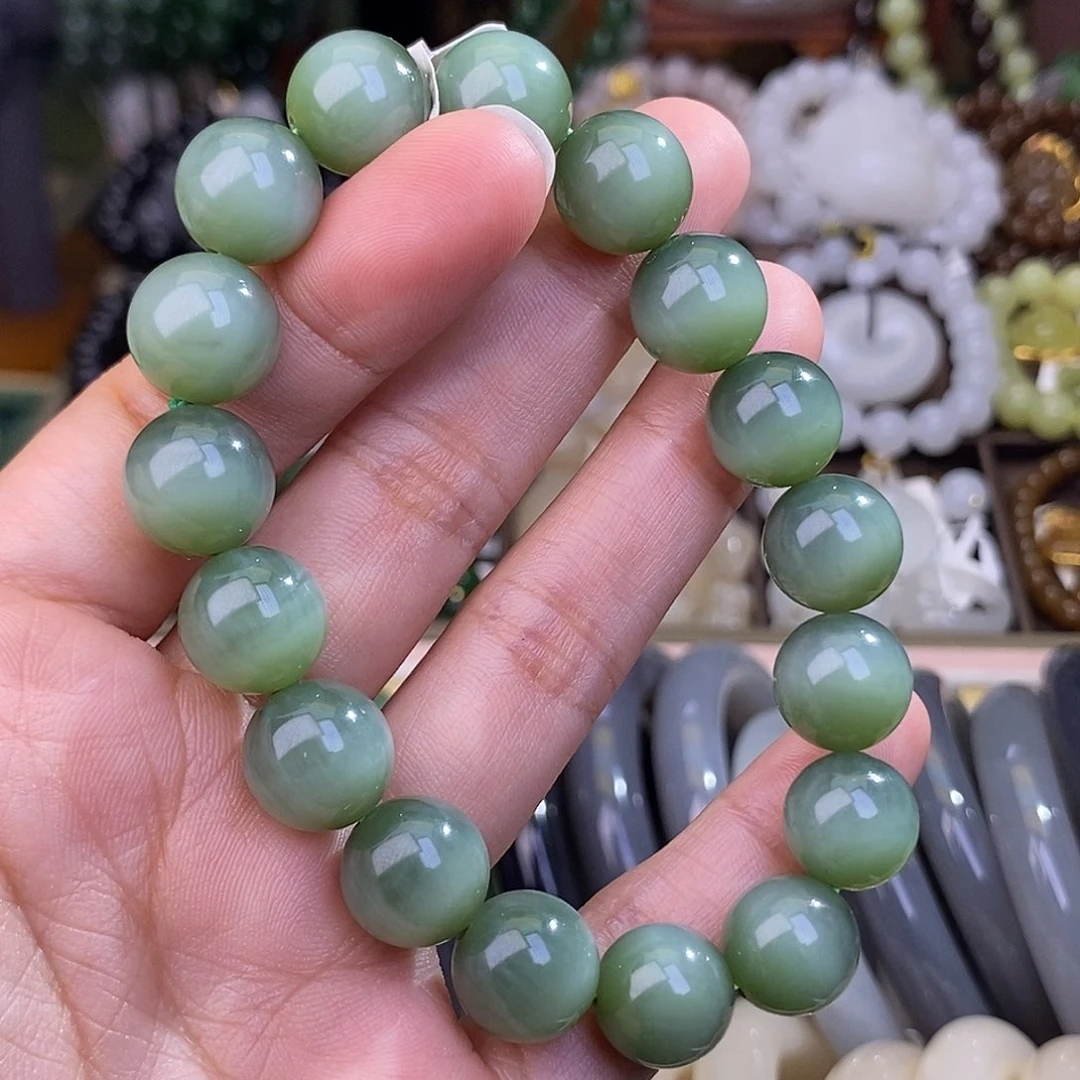 和田玉未镶嵌颈饰毕业级粉青猫眼手串卡12