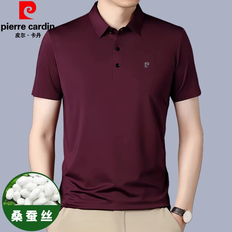 皮尔卡丹正品高端桑蚕丝男士短袖t恤夏季冰丝薄款翻领中年polo衫