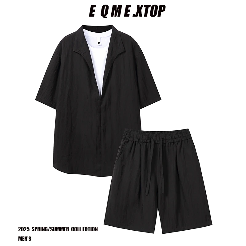 -EQME-老钱风贵气松弛感夏季休闲男假两件短袖上衣+短裤套装