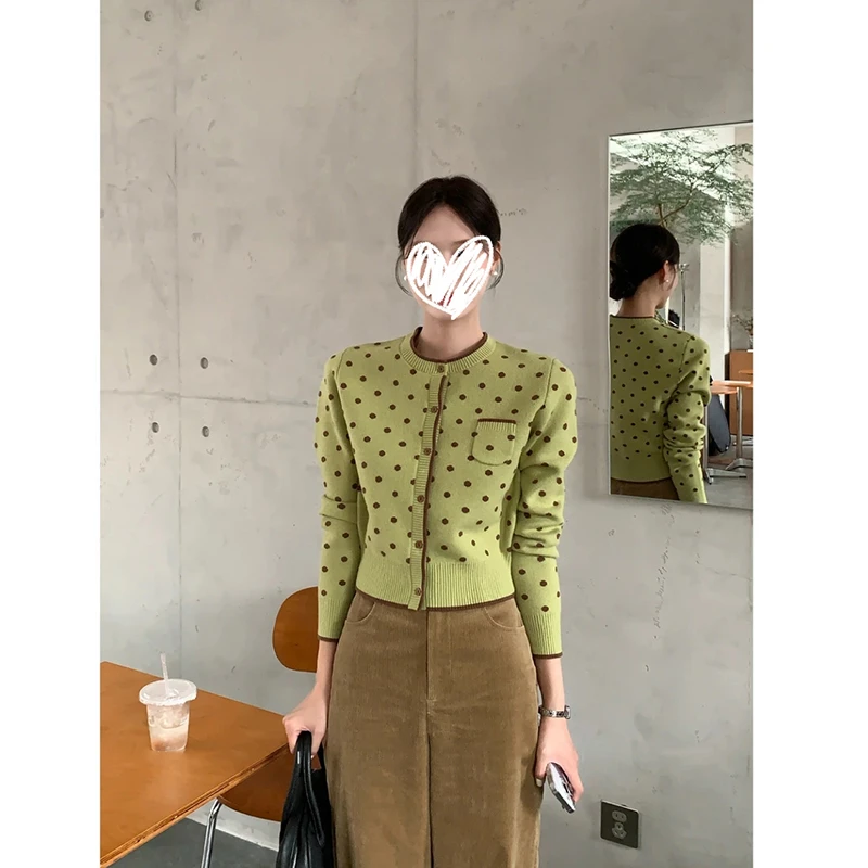 【抹茶珍珠】法式复古棕提花毛针织圆领开衫高腰显瘦百搭微喇裤套装