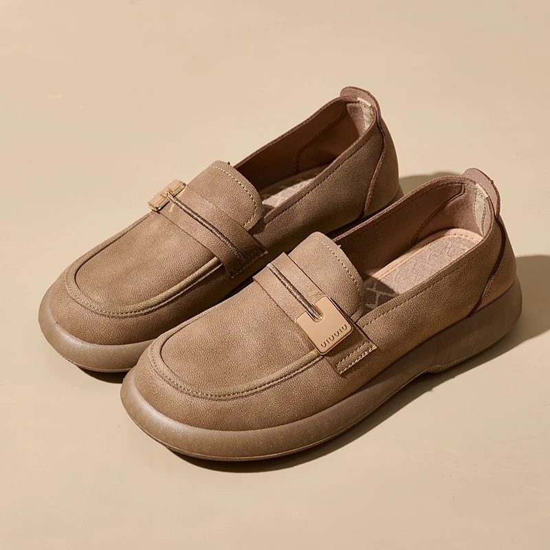 2025新款透气女防滑牛筋底女单鞋超纤皮时尚平底舒适软底厚底鞋子