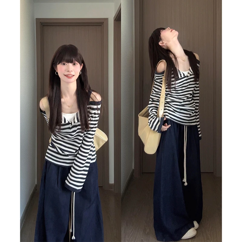 MARIE.COCO韩系ins风网红爆款露肩条纹上衣女早秋季松弛感阔腿裤