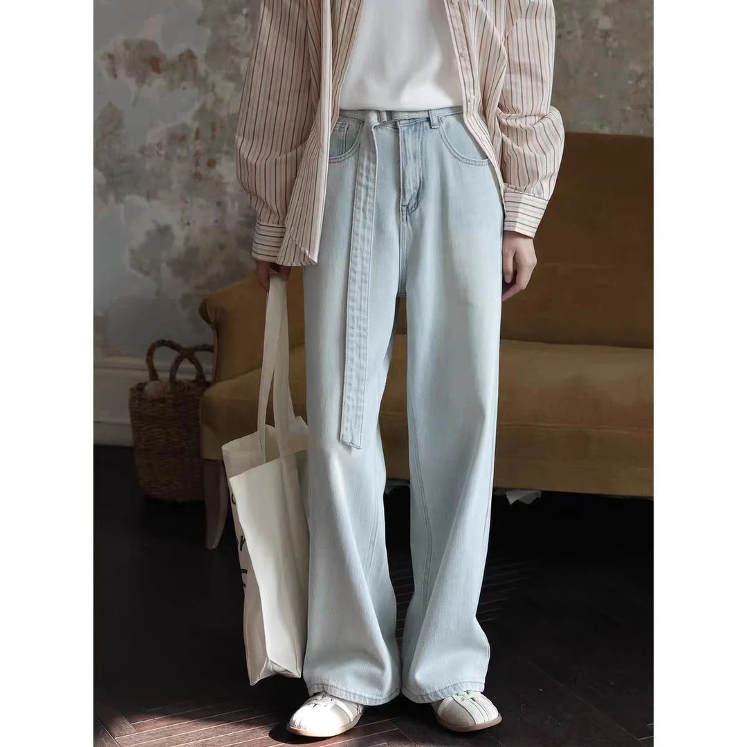 【苏苏精选】2561韩系浅浅蓝色新款松弛感高腰宽松拖地裤