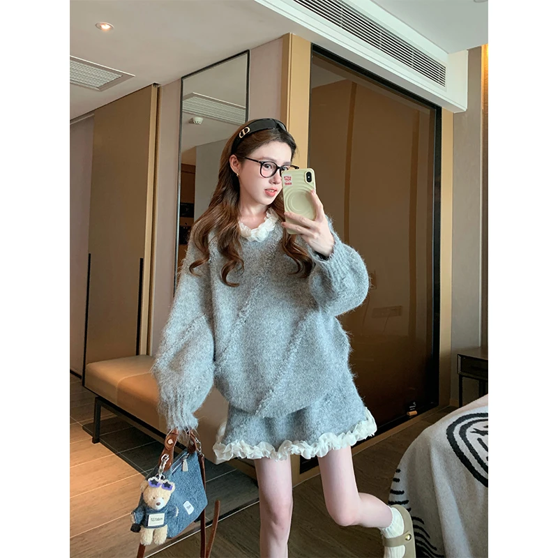 冬季穿搭一整套女2025新款高级感宽松显瘦花边毛衣搭半身裙两件套