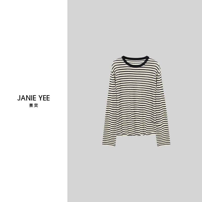 Janie Yee"亚麻条纹" 早春夏休闲宽松显瘦大版撞色T恤女 25A0535