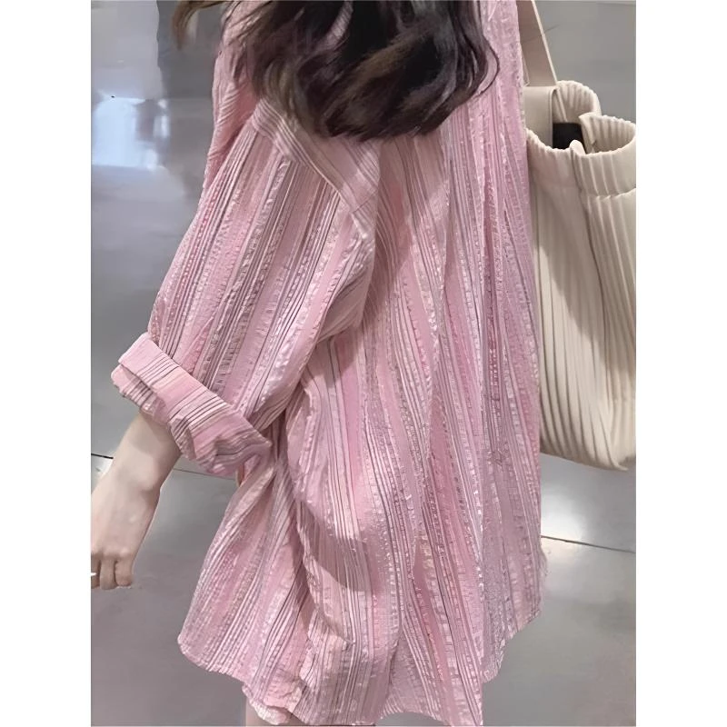 粉色条纹长袖衬衫春秋上衣女春季2025新款宽松显瘦中长款开衫外套