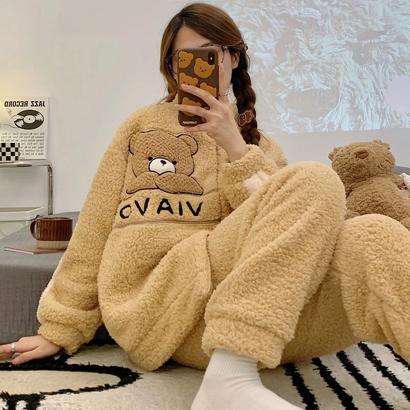 冬珊瑚绒加绒加厚睡衣女冬天长袖拉链高领奶茶色小熊家居服套装