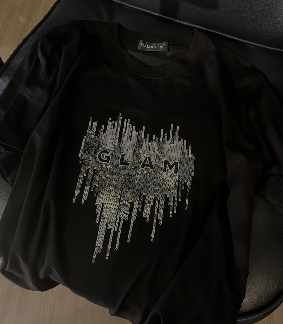 Bamancai-设计感法式心形亮片短袖新款简约圆领甜辣风纯棉上衣