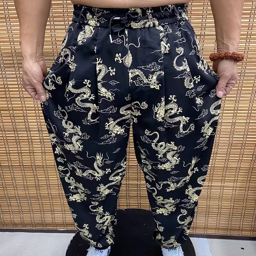 夏季男士中国风时尚百搭宽松舒适高弹力龙纹冰丝哈伦裤