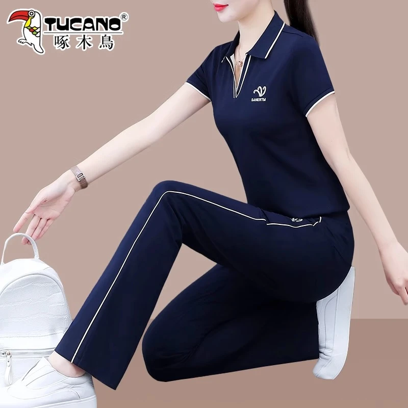 【官方】啄木鸟冰丝短袖运动套装女2026新款夏季洋气减龄翻领两件套