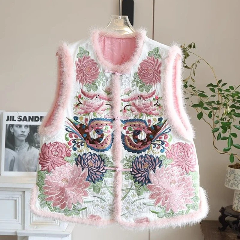 9678#新中式国风圆领盘扣醋酸遮肉时尚百搭重工刺绣夹棉上衣马甲