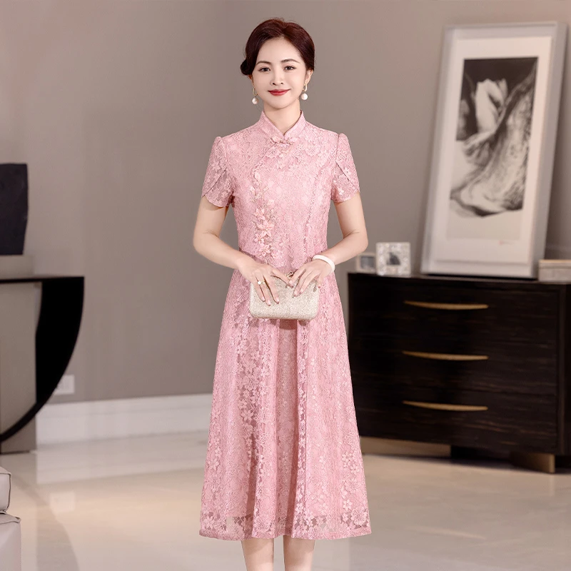 【雅娜淇】89069复古中国风高贵气质蕾丝旗袍裙修身宴会夏季妈妈装