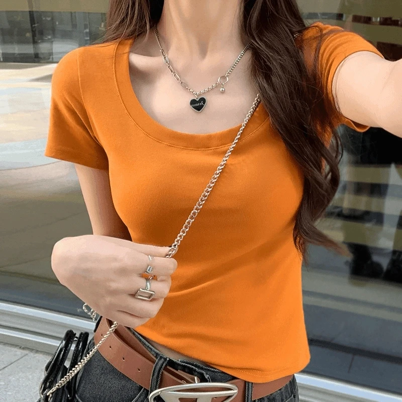 夏季U领紧身短袖T恤女百搭显瘦白色设计感小众高考毕业季纯色上衣