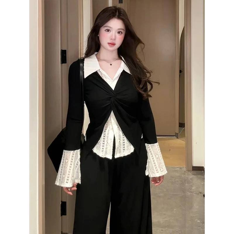 胖MM法式正肩假两件衬衫女装秋季高级感长袖衬衣大码遮肉显瘦上衣