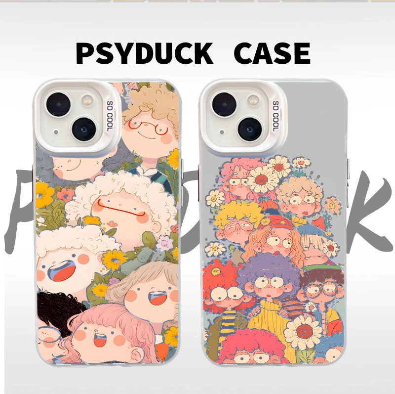 适用苹果华为一加小米花朵堆堆小人彩银白底卡通动漫防摔手机壳