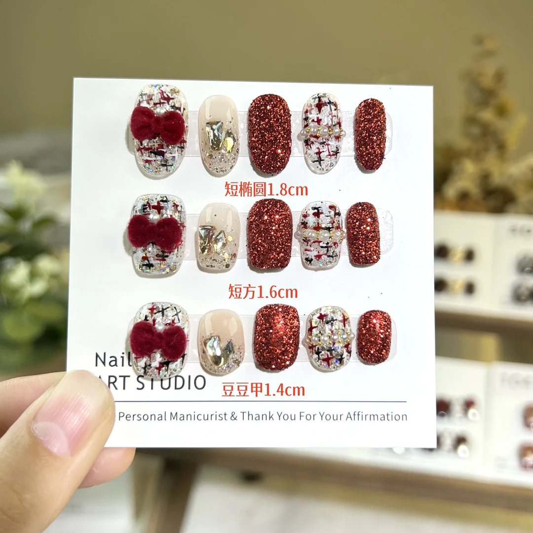 砂糖蝴蝶结纯手工穿戴甲光疗甲丝绒蝴蝶结手绘十片装工具包五件套