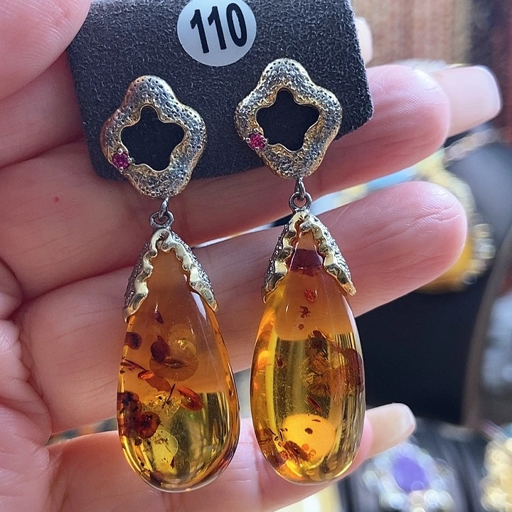 琥珀银S925镶嵌耳饰耳环