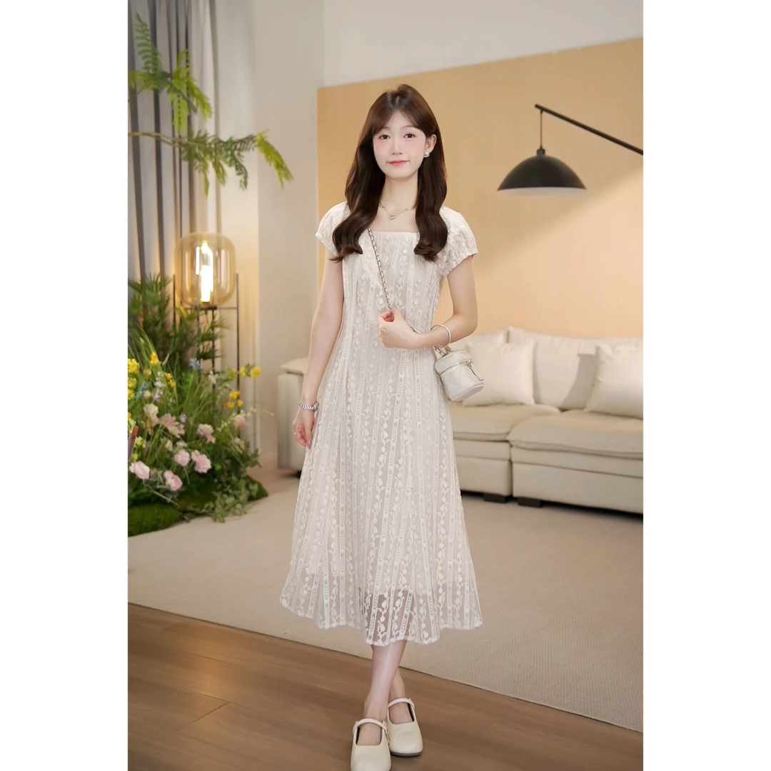 （周周小个子）夏季显瘦时尚法式中长款甜美宽松拼接连衣裙-2300