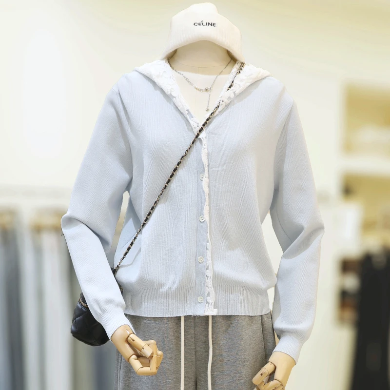 zaw大码女装胖mm炸街遮肚上衣蕾丝连帽针织衫软糯毛衣开衫/25032