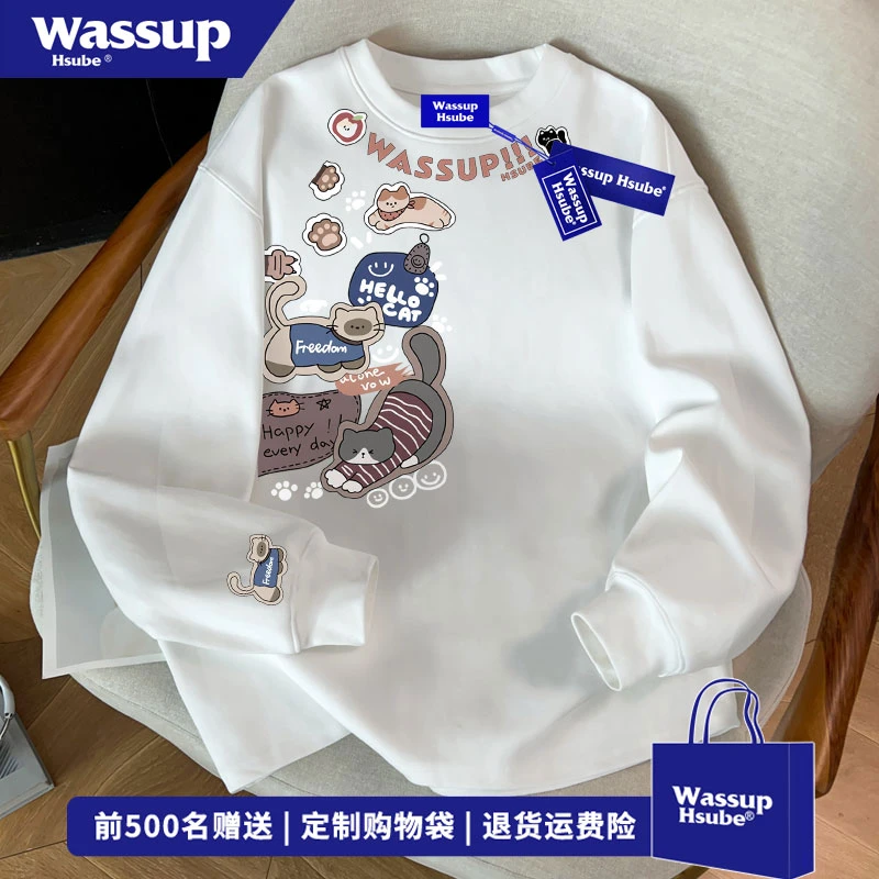 WASSUP HSUBE 高街可爱小猫印花白色长袖T恤秋季百搭纯棉上衣男
