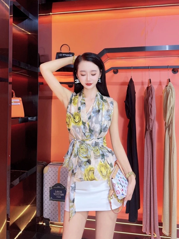 【茹哥】无袖女收腰显瘦韩系印花飘带雪纺衬衣上衣