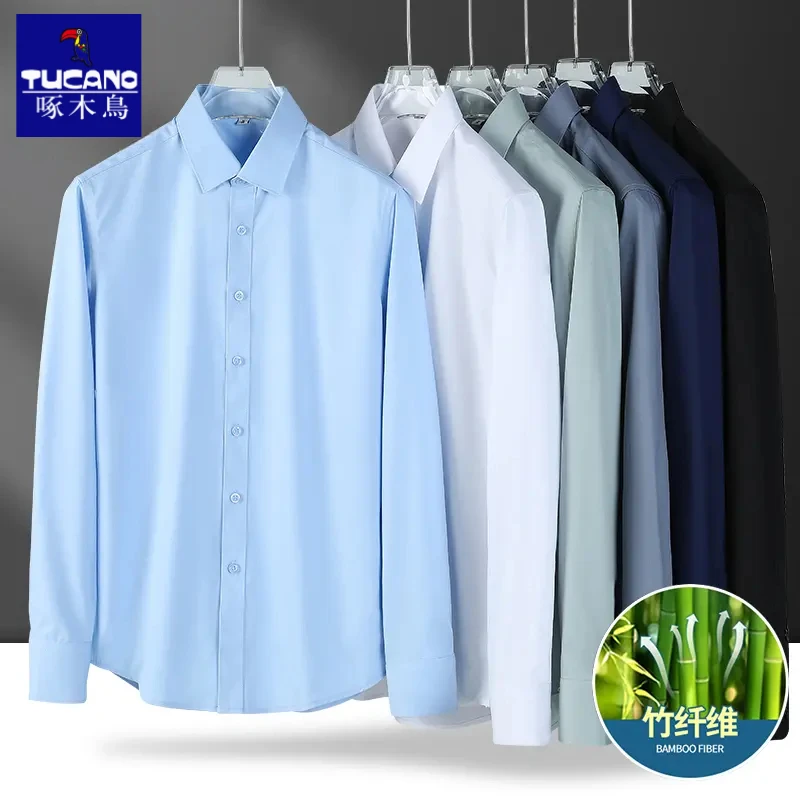 啄木鸟春秋男士衬衫高端上档次免烫抗皱商务白色长袖衬衣亲肤弹力