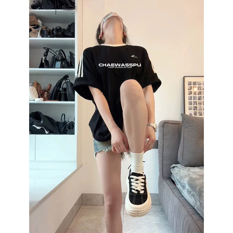 纯棉美式复古条纹三条杠短袖t恤女夏季新款宽松高街国潮情侣上衣