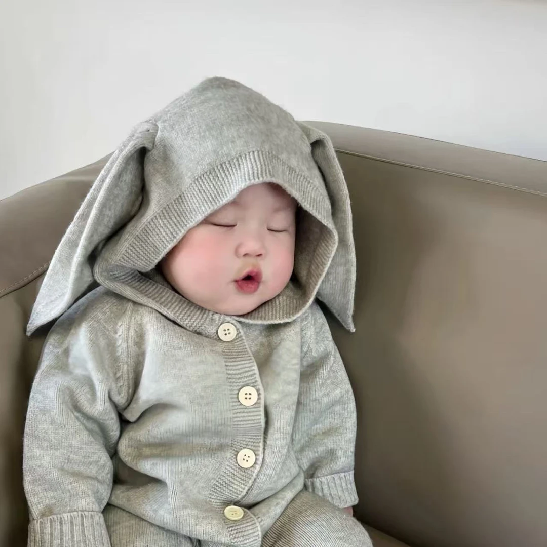 韩版秋季新款婴儿连体衣男女宝宝洋气可爱小熊耳朵兔耳朵连帽爬服