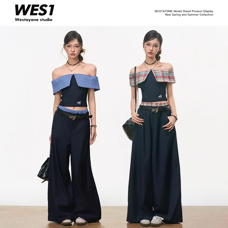 【4月5号新品】WESTAYONE一字肩上衣女学院风套装休闲阔腿裤NO.2541