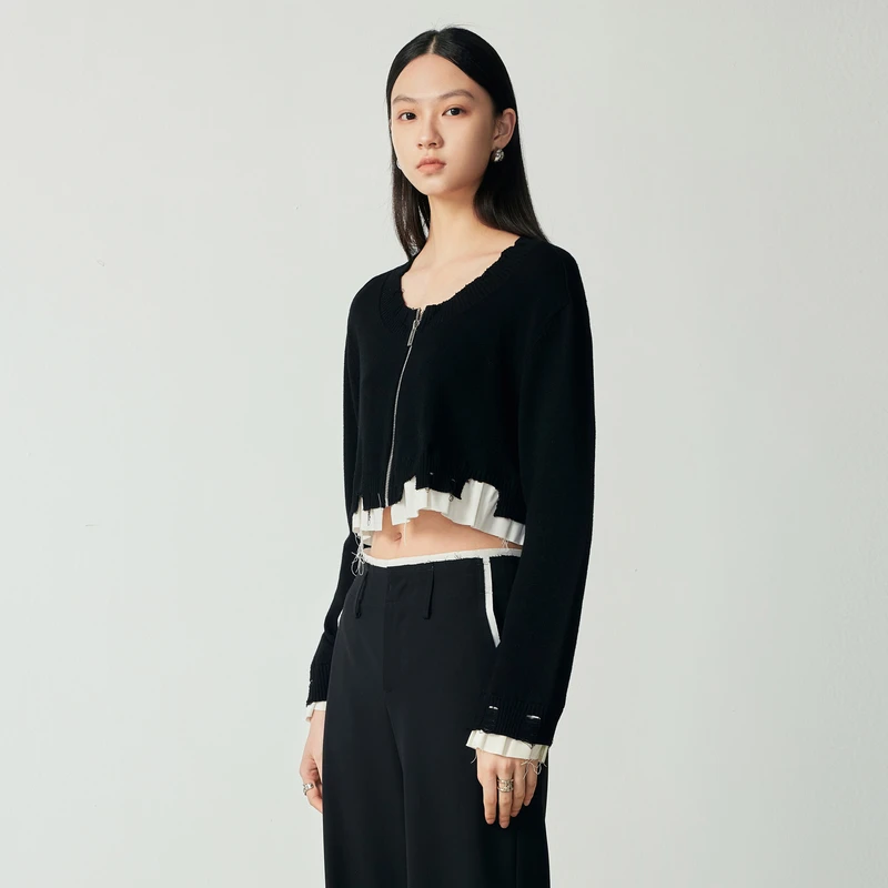 H·GENTEEL荷高新秋装女圆领箱型拉链撞色针织外套GCD33650611